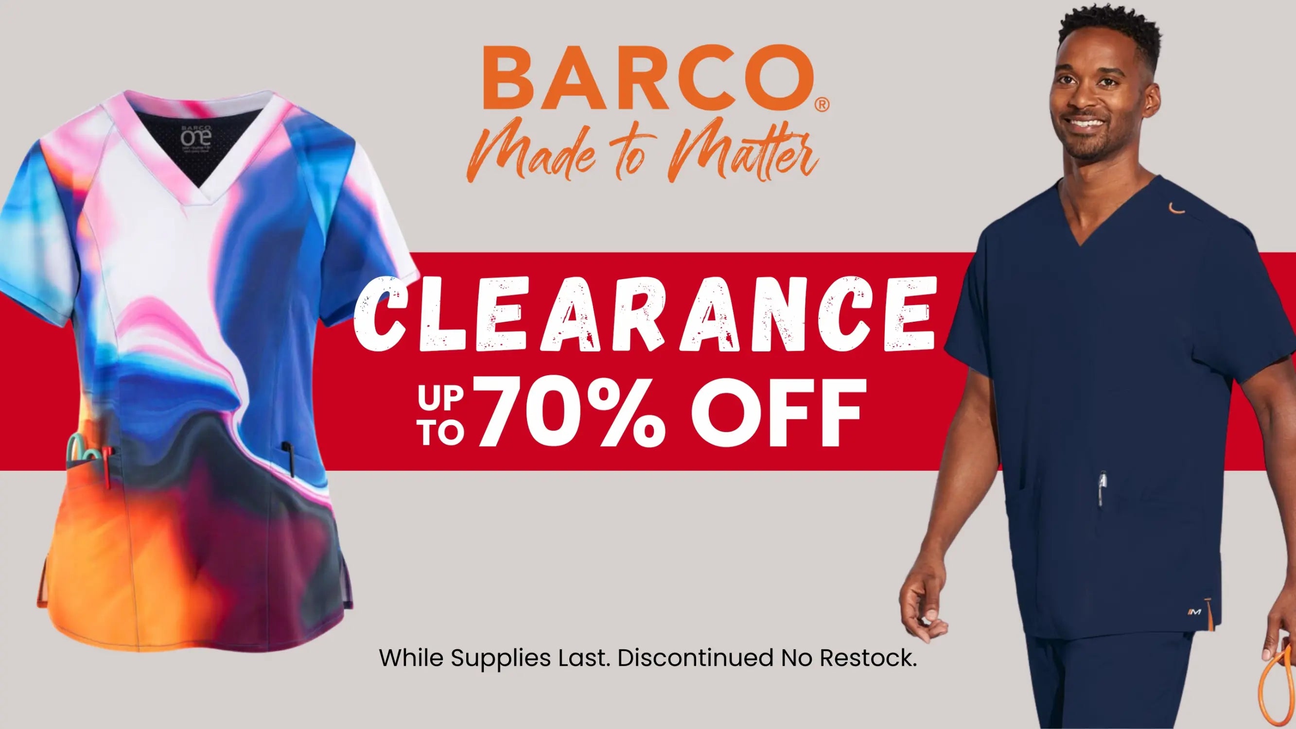 A look at some of the available Barco Uniforms Clearance products at Scrub Pro Uniforms on a light grey background.