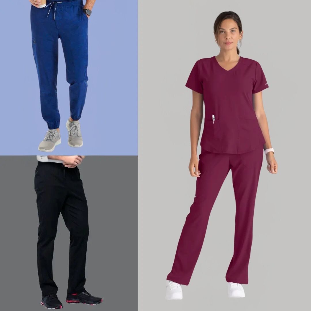 Three young healthcare professionals displaying some of the available styles in Scrub Pro's collection of 2XL Tall Scrub Pants.