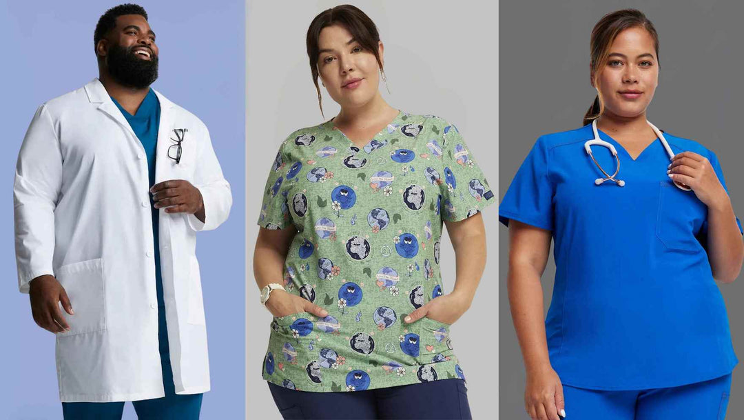 Three Healthcare Professionals showcasing some of the available items in Scrub Pro's 3XL Scrubs collection.