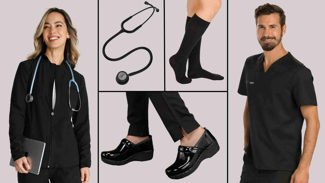 A banner showcasing some of the available products in Scrub Pro's black scrubs and more collection featuring solid scrubs, nursing shoes, compression socks, medical devices, and more.