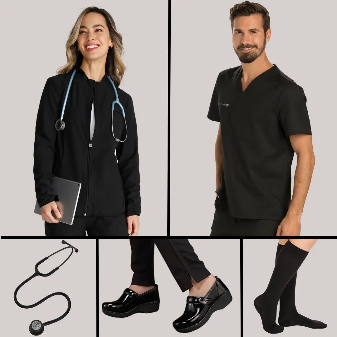 A collage of available products in Scrub Pro's collection of Black scrubs and more featuring solid black scrubs, nursing footwear, medical devices and more.