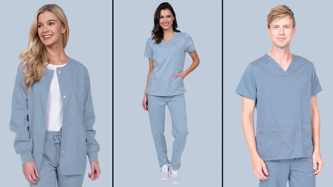 Three nurses wearing blue fog scrubs from Scrub Pro Uniforms on a light blue background.