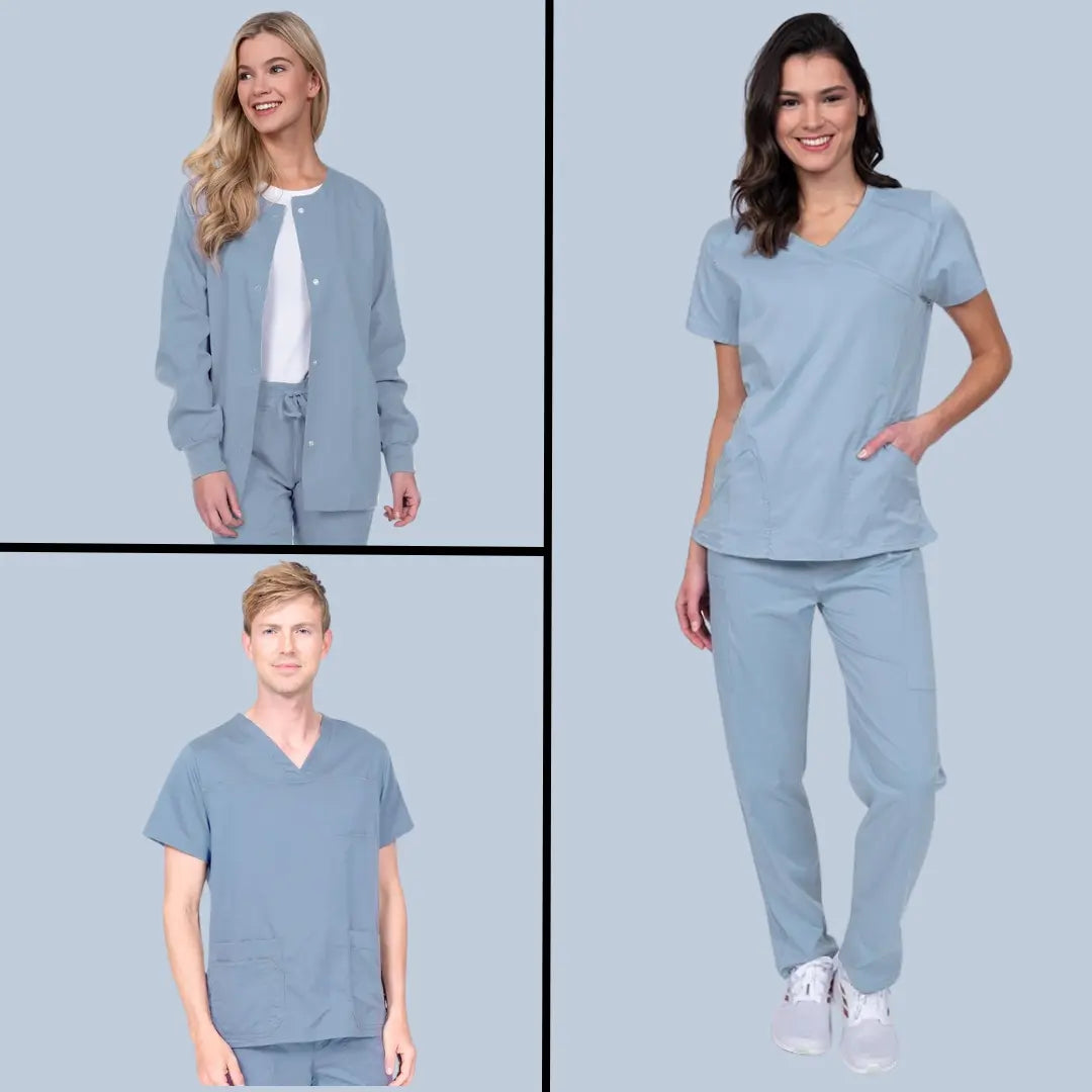 A group of dental hygienists showcasing Scrub Pro's collection of Blue Fog scrubs on a light blue background.