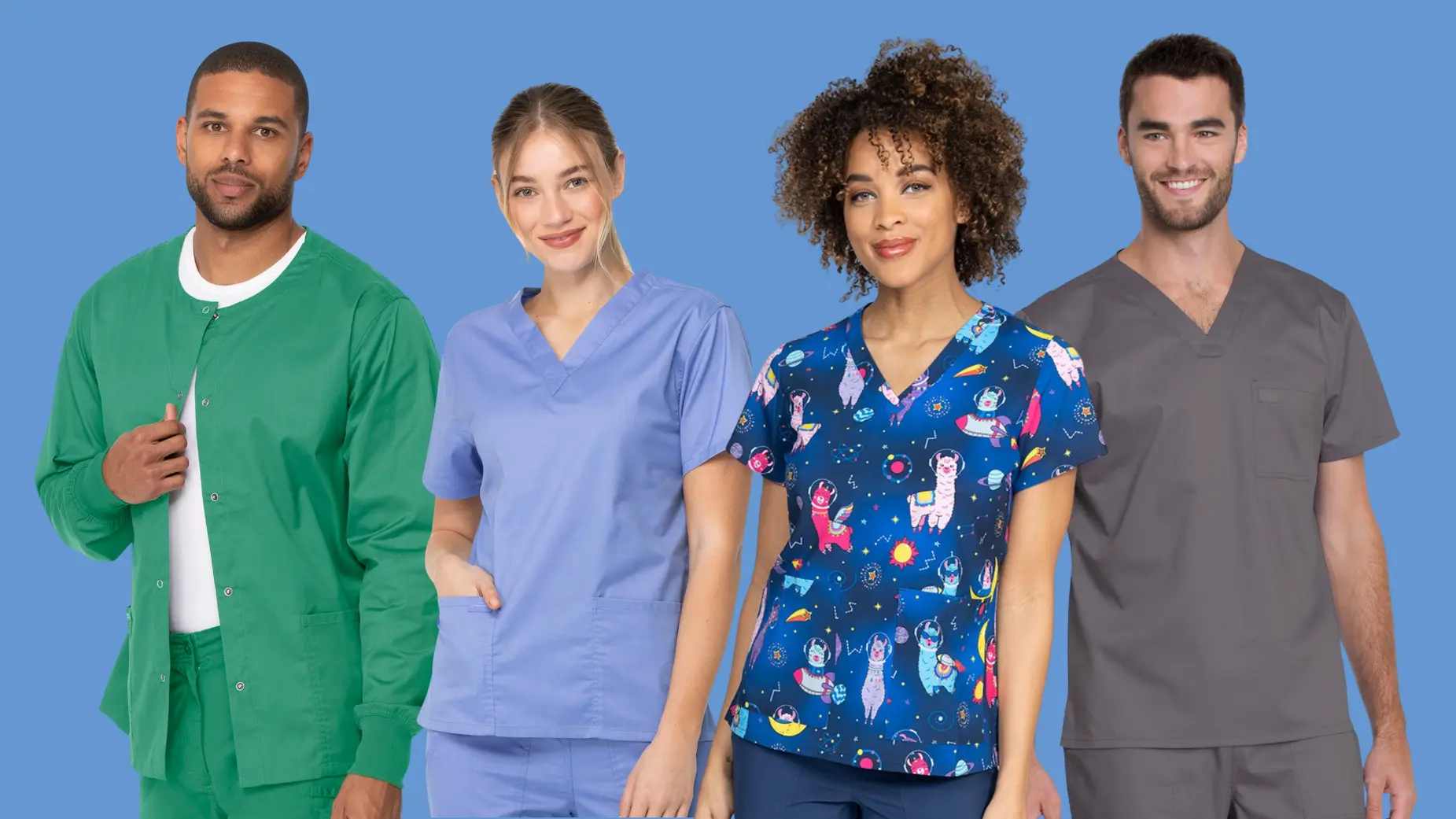 Group of doctors and nurses saving on scrubs by bundling for discounted prices.