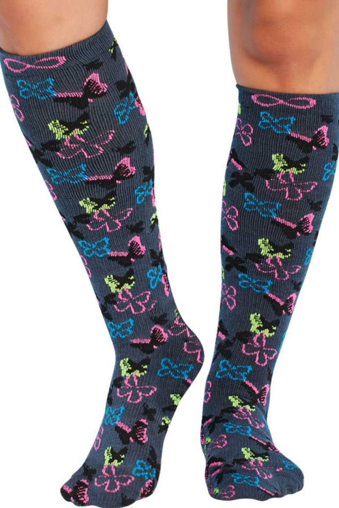 The front of the Infinity Women's Kickstart Compression Socks in Butterfly Bloom featuring a cute butterfly themed print in shades of blue, pink, green, black and grey.