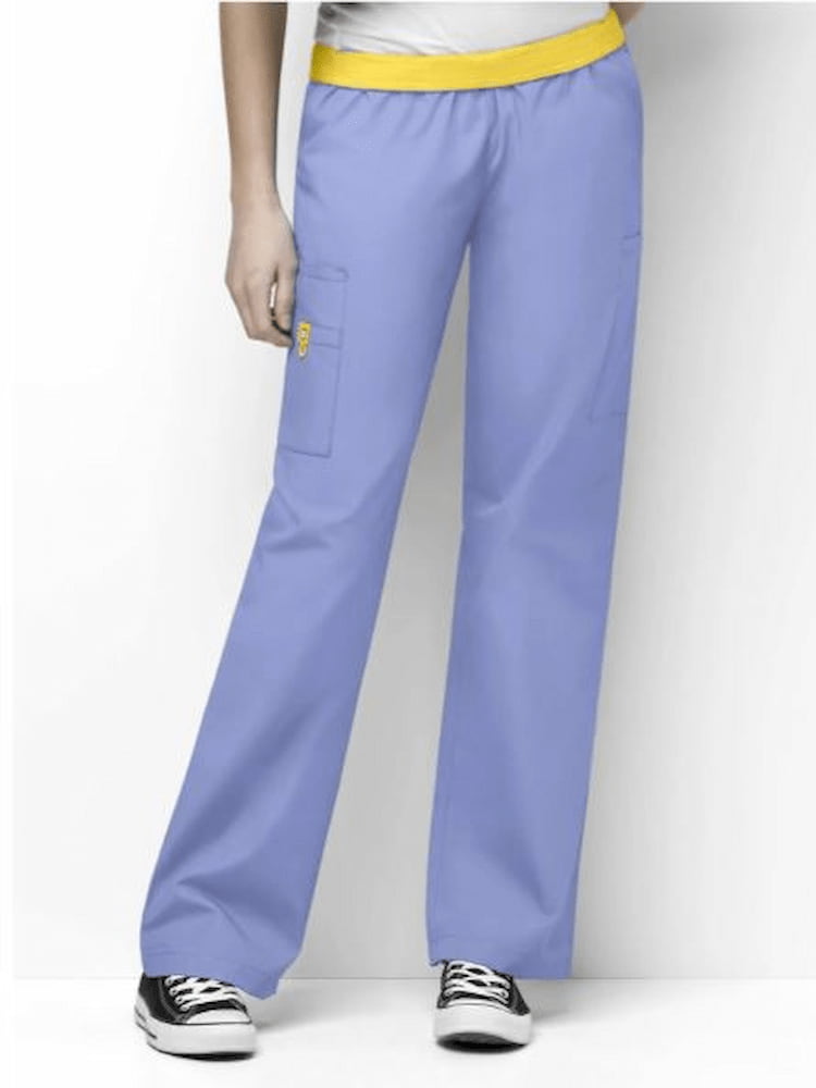 A young female Nurse Practitioner wearing a WonderWink Women's Elastic Waist Quebec Scrub Pant in Ceil size 3XL Tall.