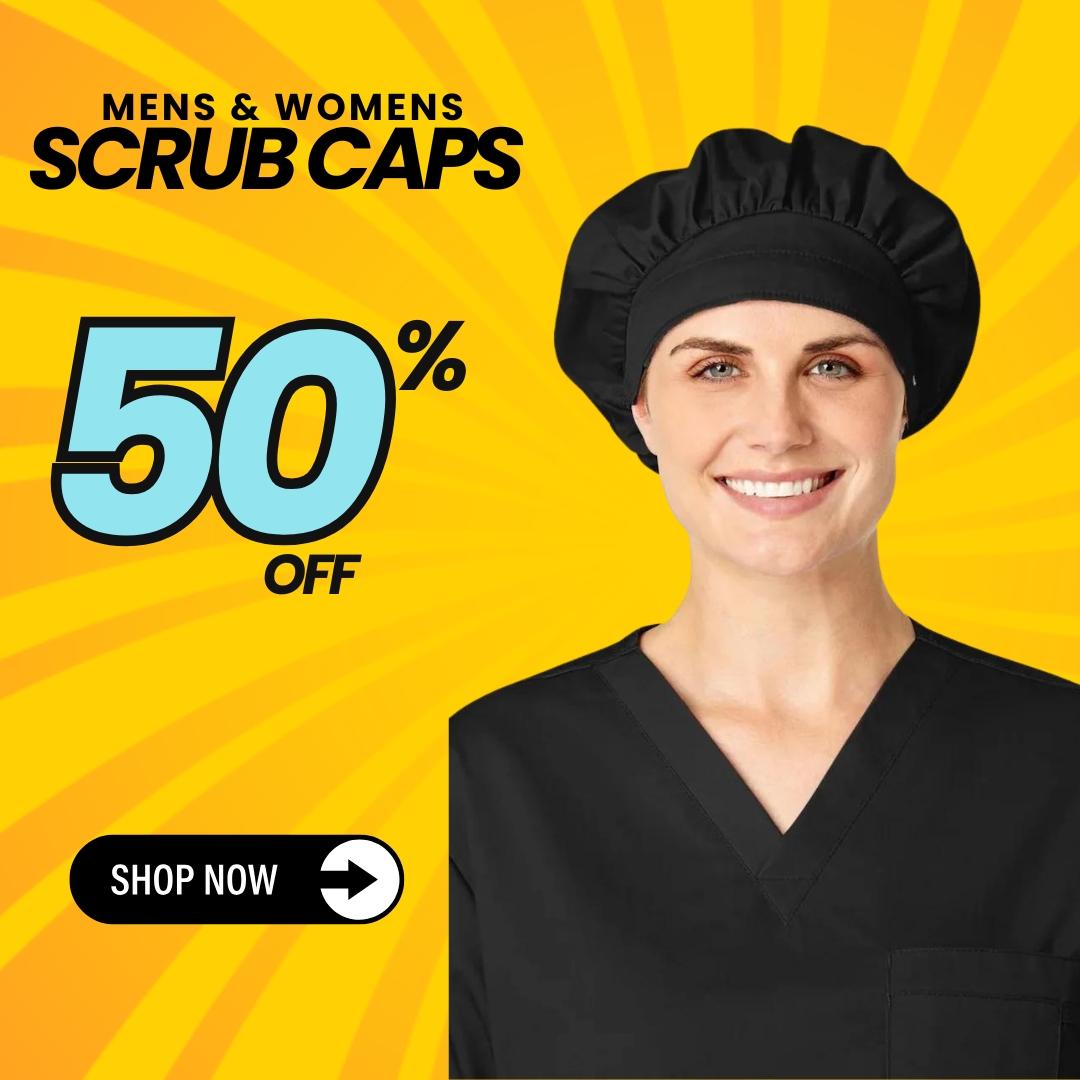 Men & women's scrub caps are 50% off at Scrub Pro Uniforms.