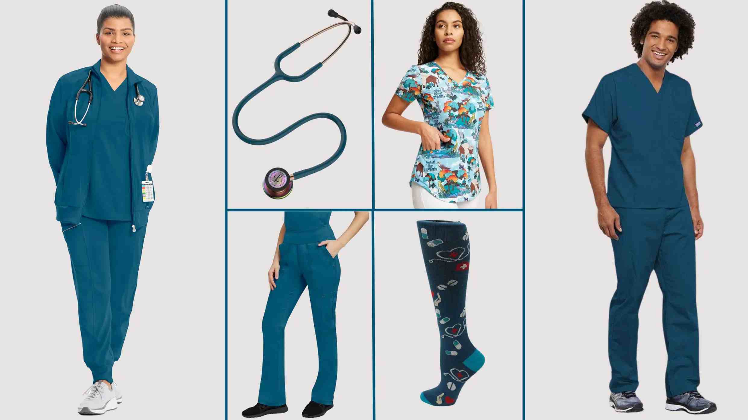 A group of nurses displaying available products in Scrub Pro's collection of Caribbean Scrubs and more featuring solid Caribbean scrubs, medical devices, nursing footwear and more.