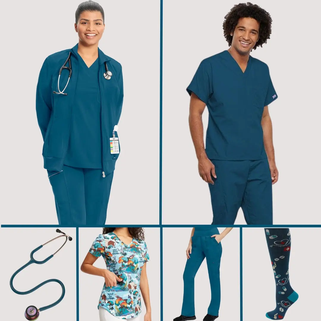 A group shot of available products in Scrub Pro's collection Caribbean Scrubs and More like solid scrubs, printed scrubs, stethoscopes, compression socks, and more.