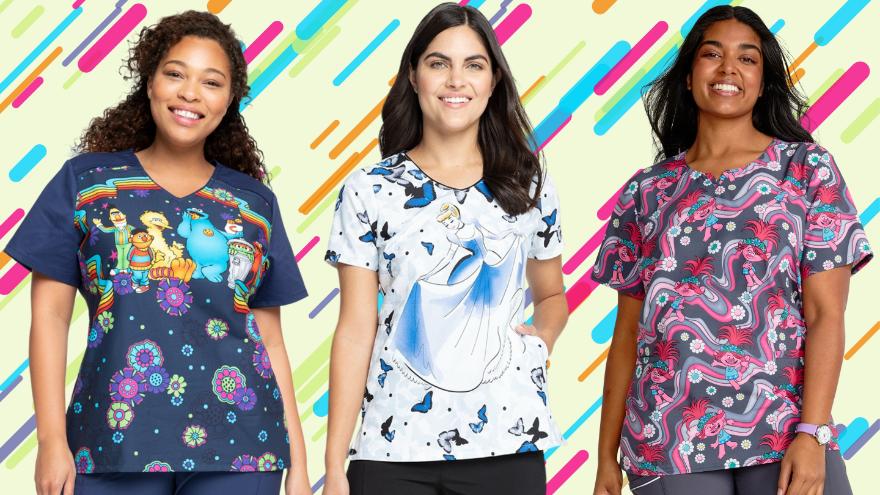 Three female Pediatric Nurses wearing Cartoon themed prints from Scrub Pro Uniforms.