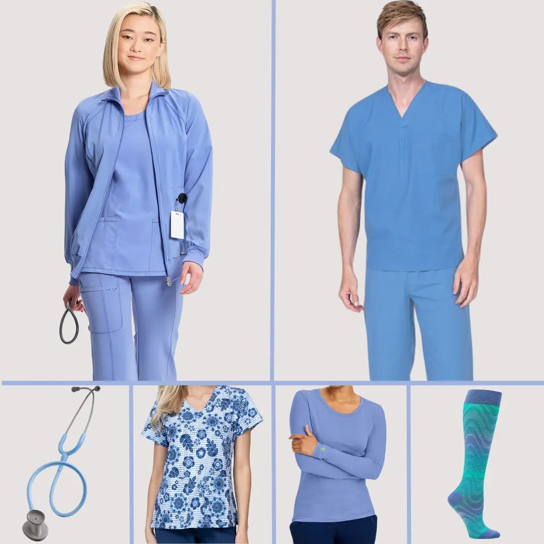 A collage showcasing the different products available in Scrub Pro's collection of ceil scrubs and more including solid scrubs, medical devices, printed tops, compression socks and more.