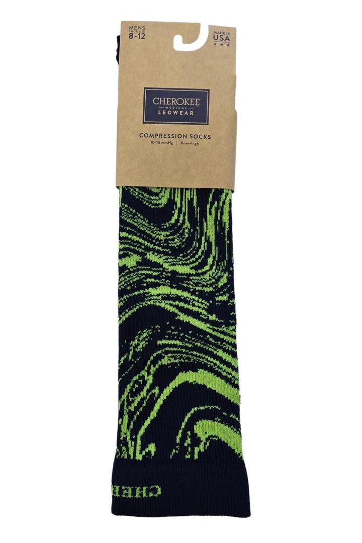 Cherokee Men's Compression Socks in black and neon green, packaged with label, 10-15 mmHg knee-high support.