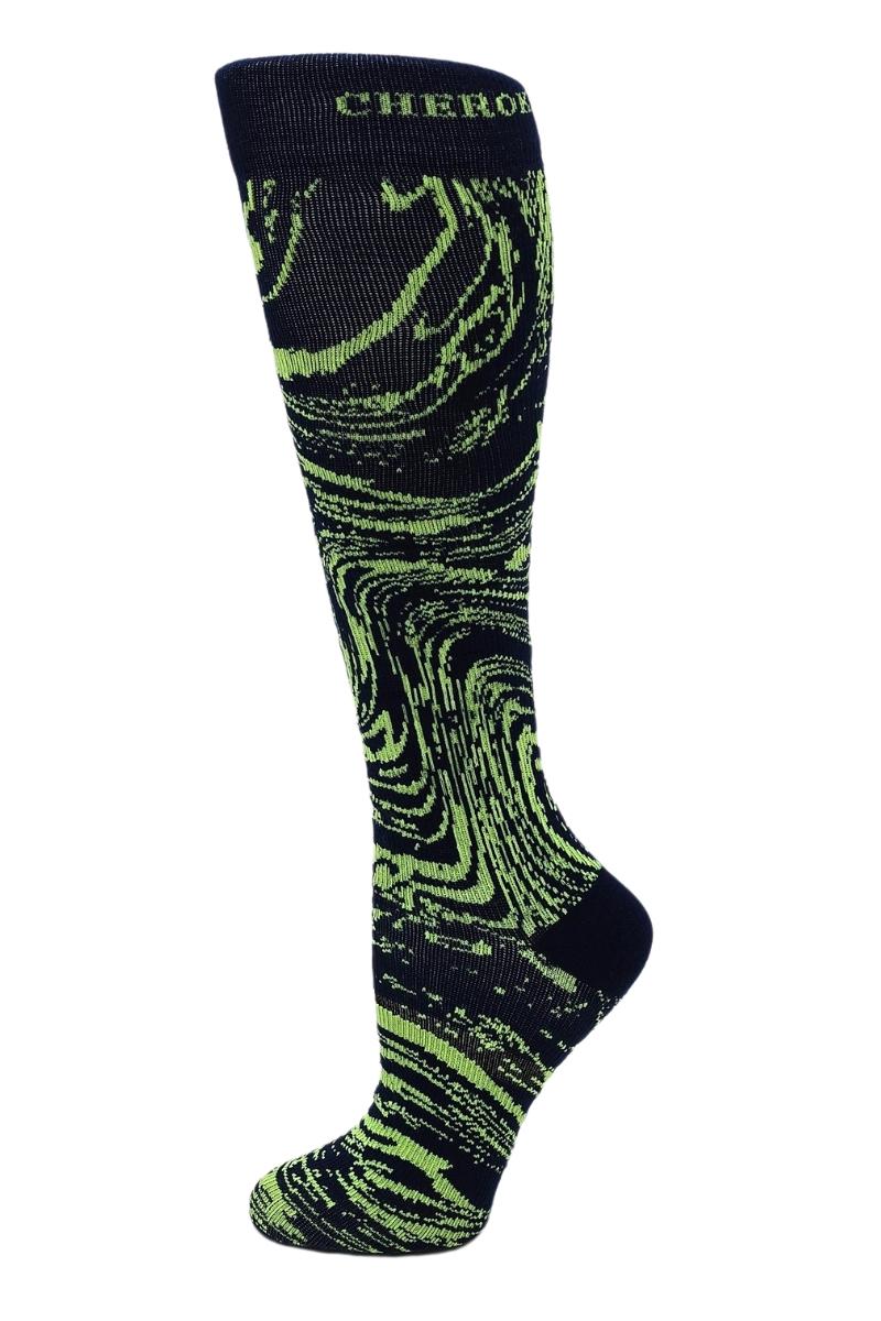 Side view of Cherokee Men's Compression Socks in black and neon green, showcasing knee-high fit and stretch.