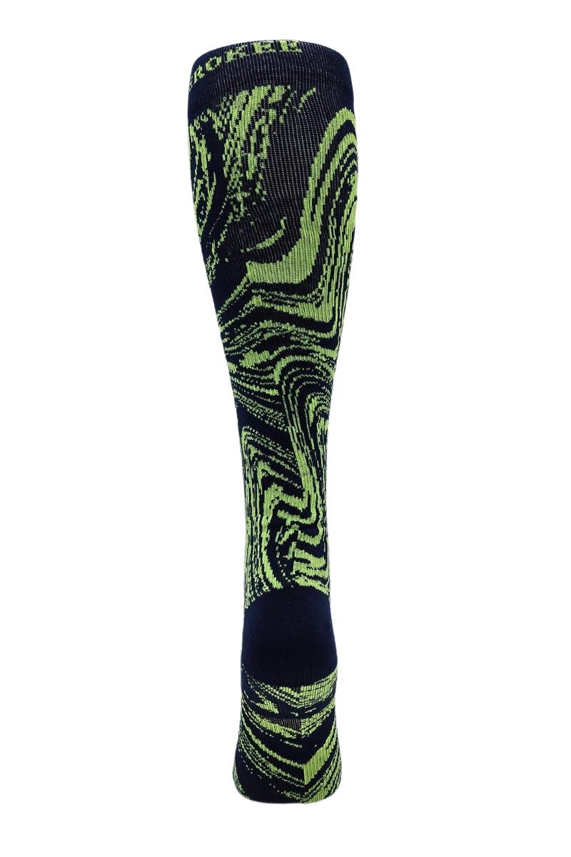 Back view of Cherokee Men's Compression Socks, showcasing knee-high length and bold black and neon green design