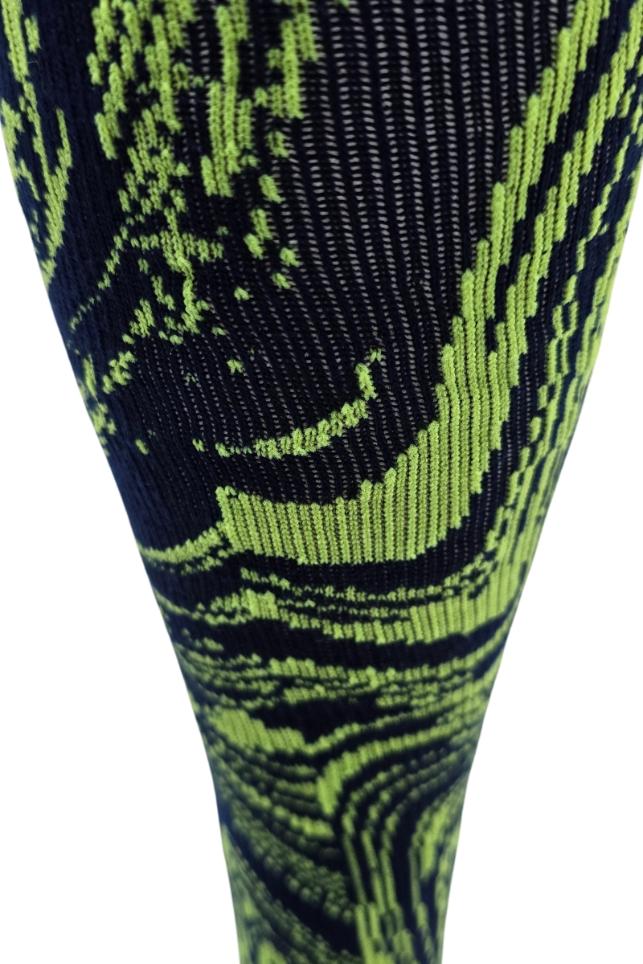 Close-up of Cherokee Men's Compression Socks, highlighting fabric texture and neon green pattern.