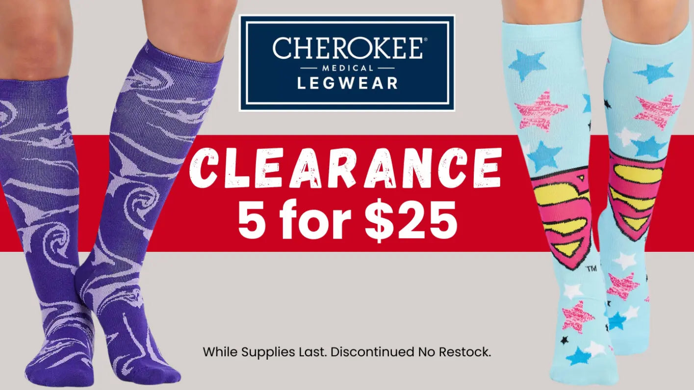 A look at some of the available styles in Scrub Pro's collection of Cherokee Medical Legwear on a light grey background. Cherokee Medical Compression socks are 5 for $25 at Scrub Pro Uniforms.