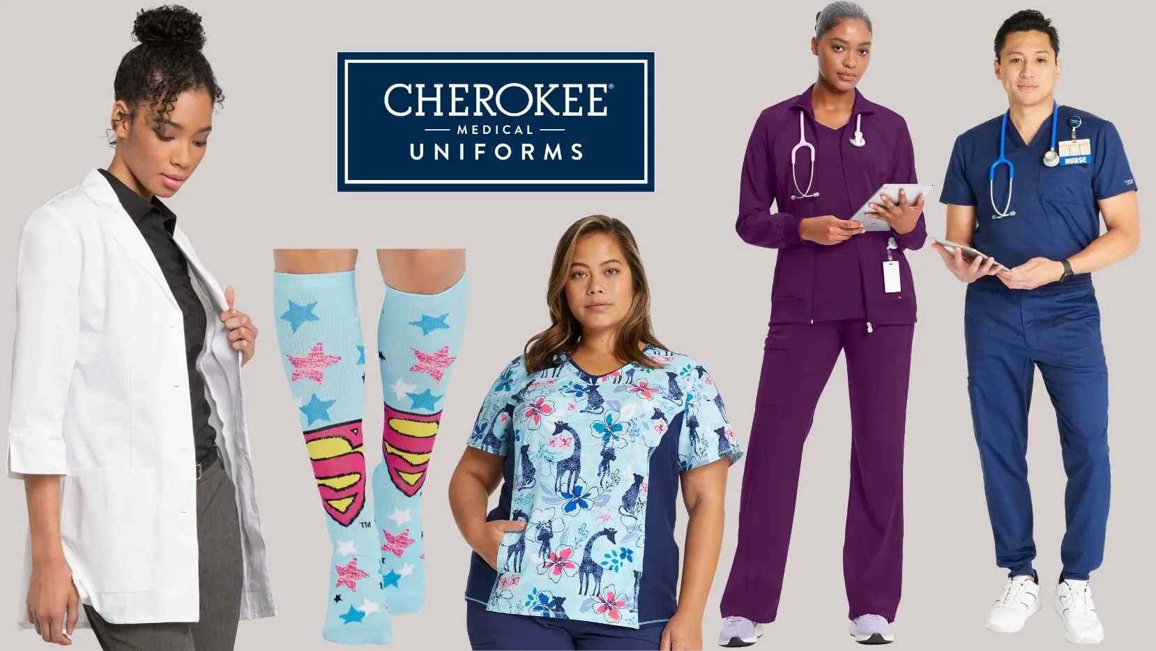 Four healthcare professionals showcasing some of the available Cherokee Medical products at Scrub Pro Uniforms on a light grey background.