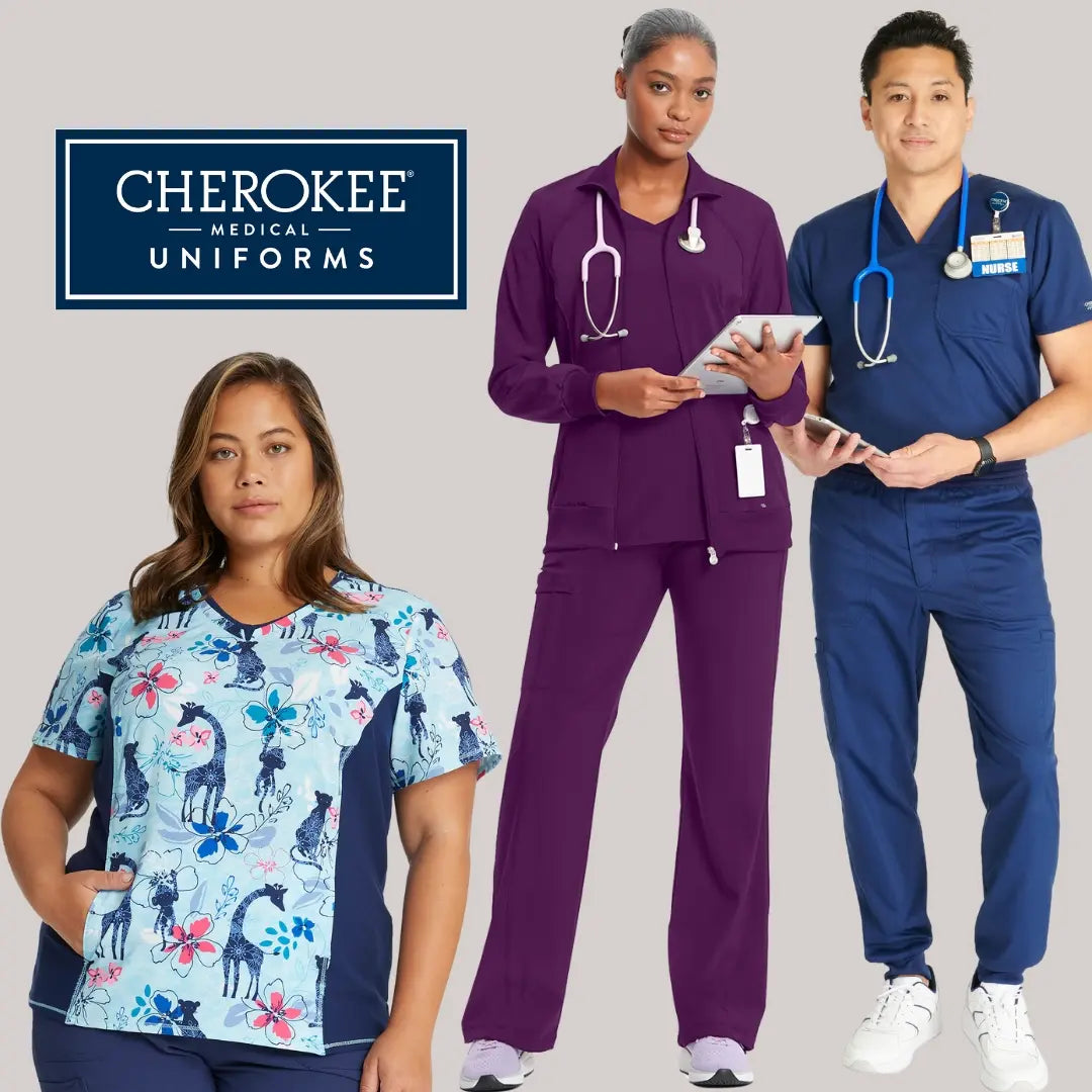 Three pediatric nurses showcasing some of the available scrub styles from Cherokee Medical Uniforms at Scrub Pro on a light grey background.