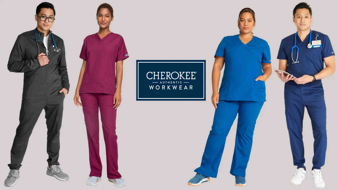 A group of Hospital nurses and Administration displaying some of Scrub Pros collection of Cherokee Authentic Workwear on a light grey background.