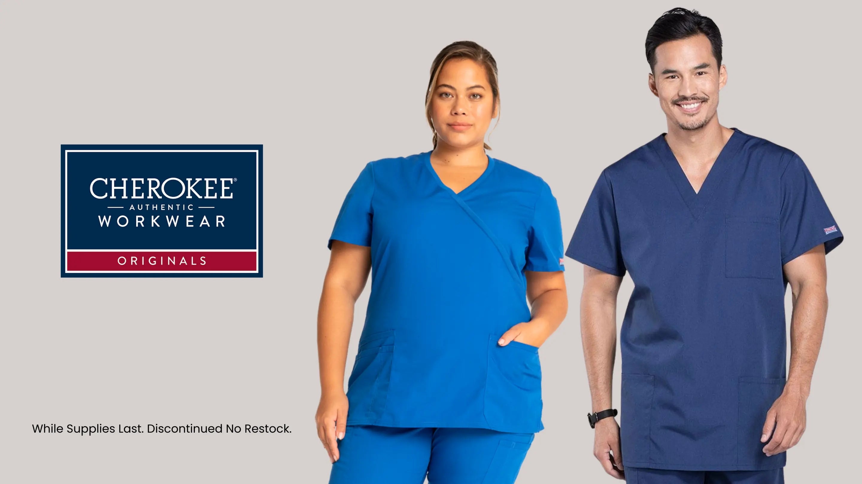 A young male LPN and young female RN showcasing some of the available styles from Cherokee Workwear Originals at Scrub Pro Uniforms on a light grey background.