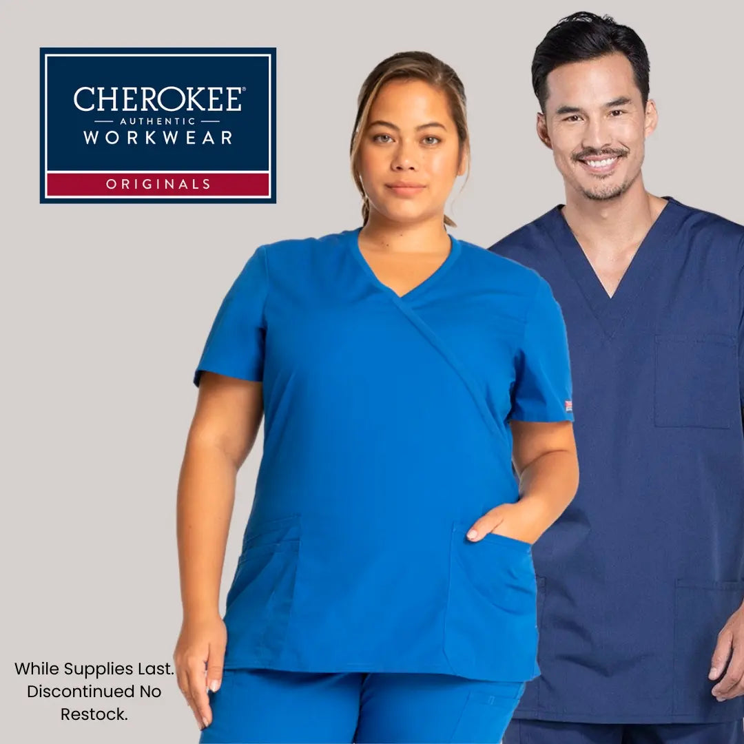 Two young Physical Therapists showcasing some of the available scrub styles from Cherokee Workwear Originals at Scrub Pro Uniforms on a light grey background.