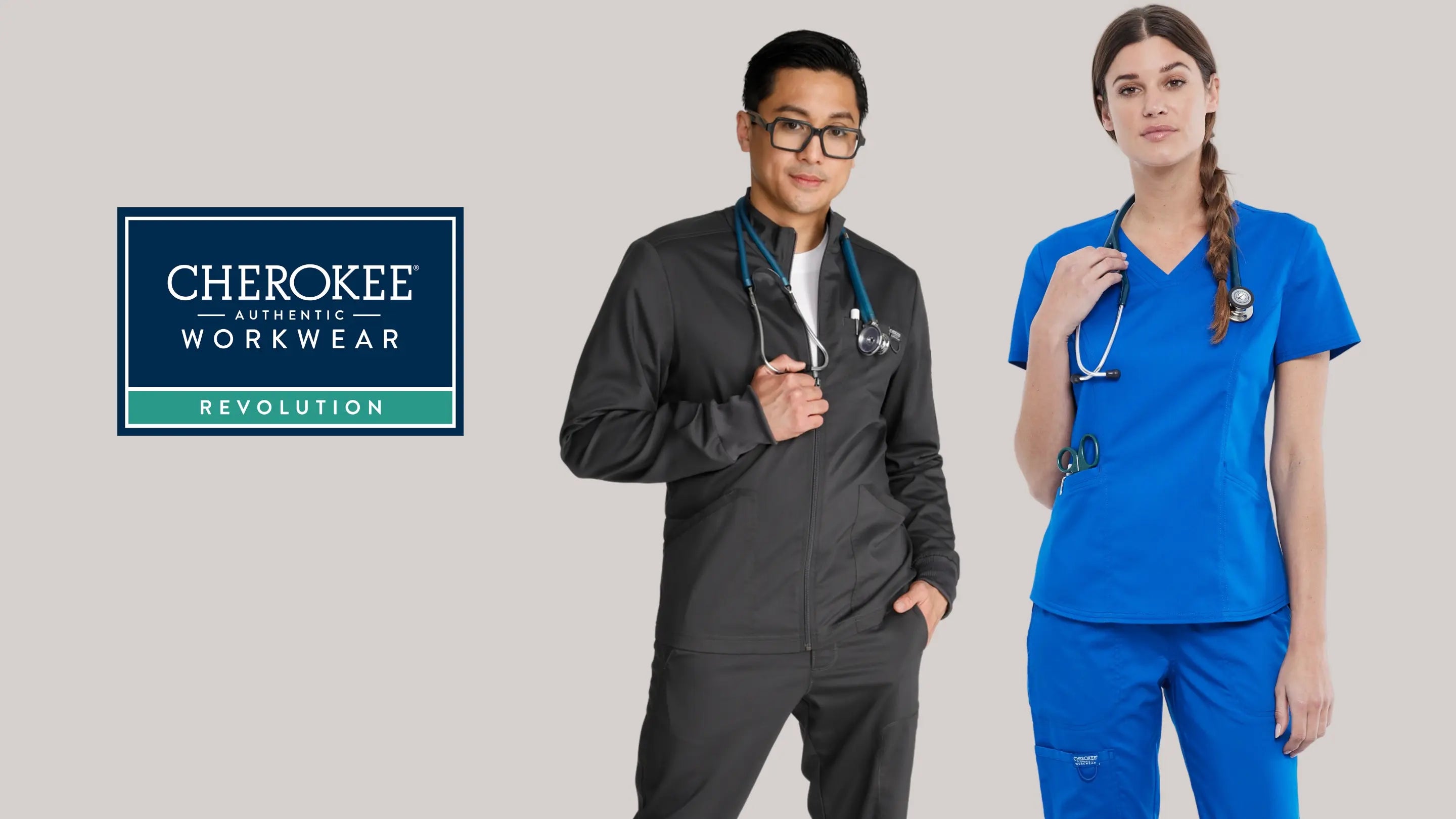 Two young healthcare professionals showcasing some of the of the available scrub styles from Cherokee Workwear Revolution at Scrub Pro Uniforms on a light grey background.