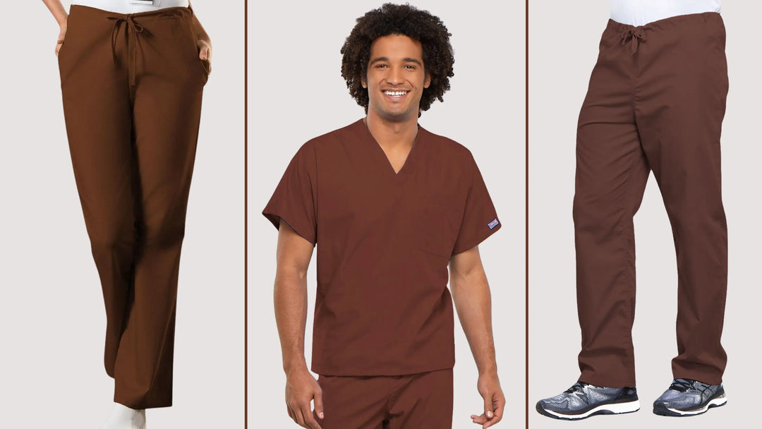 Young healthcare workers showcasing Scrub Pros collection of chocolate scrubs including solid tops and bottoms for men and women.