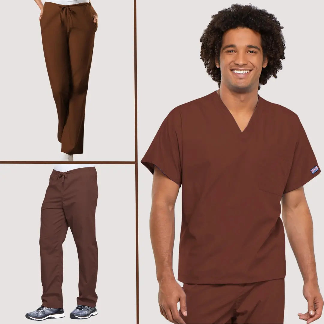 A collection of images showcasing Scrub Pro's collection of Chocolate colored scrubs.