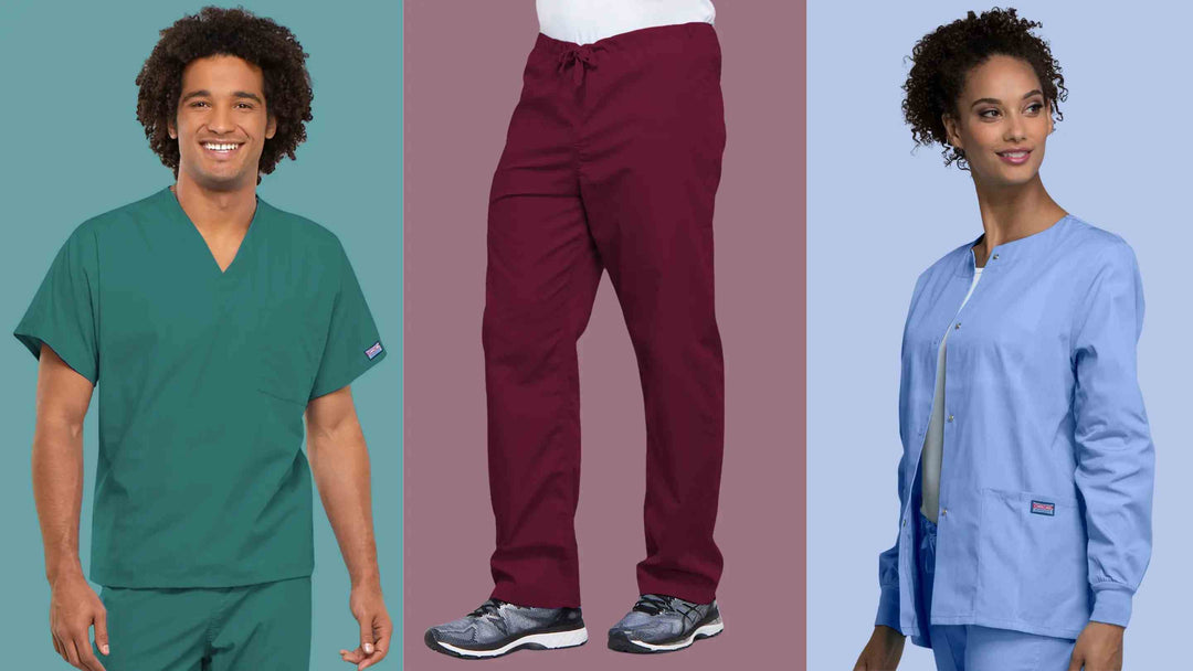 A group of young healthcare workers wearing classic fit scrubs in hunter green, wine, and ceil blue on a multi-colored background.