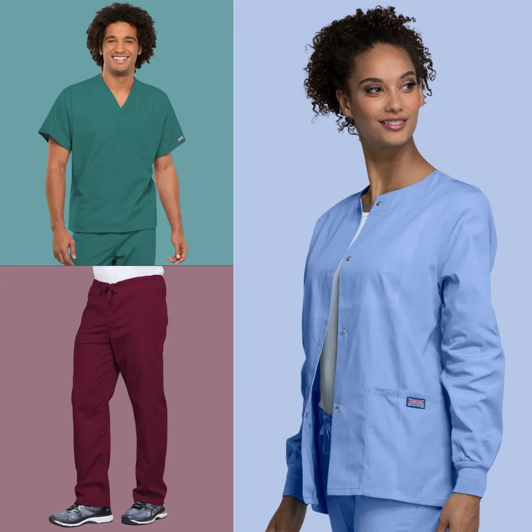 A collection of nurses wearing classic fit scrubs in wine, hunter green and ceil blue on a multi-colored background.