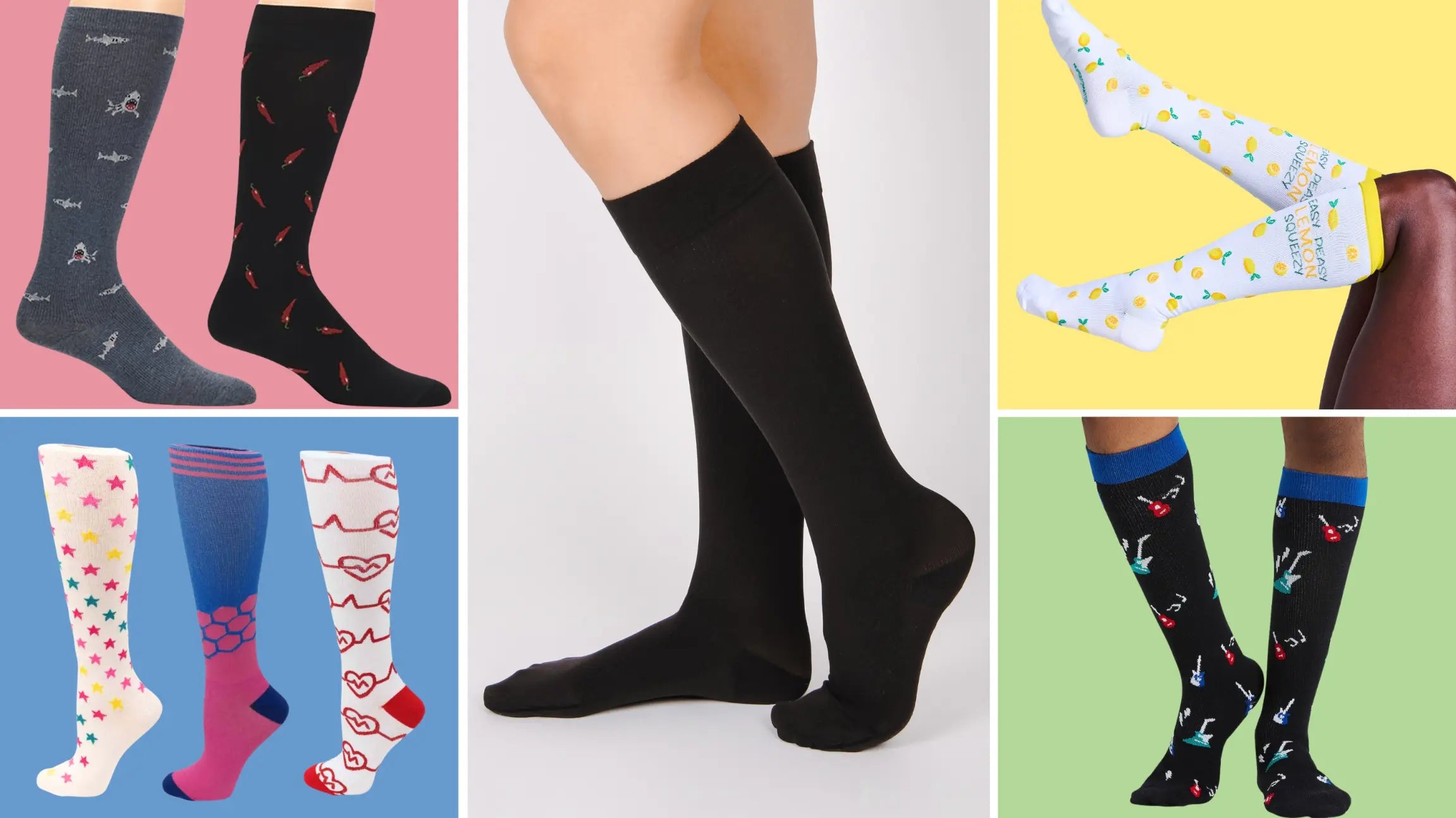 A collection of various compression socks styles available at Scrub Pro on a multi-colored background.