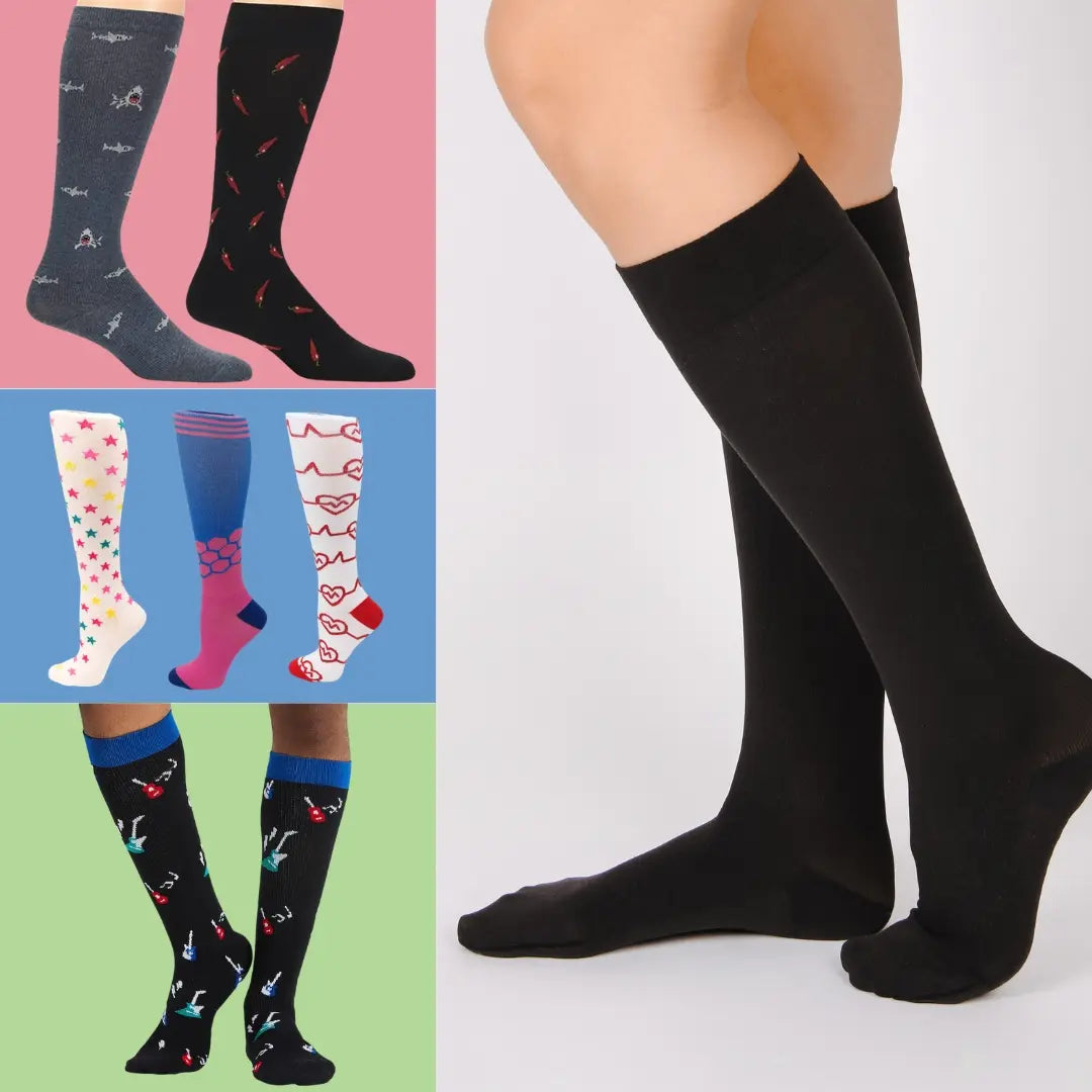 A collection of available compression socks at Scrub Pro on multi-colored background.