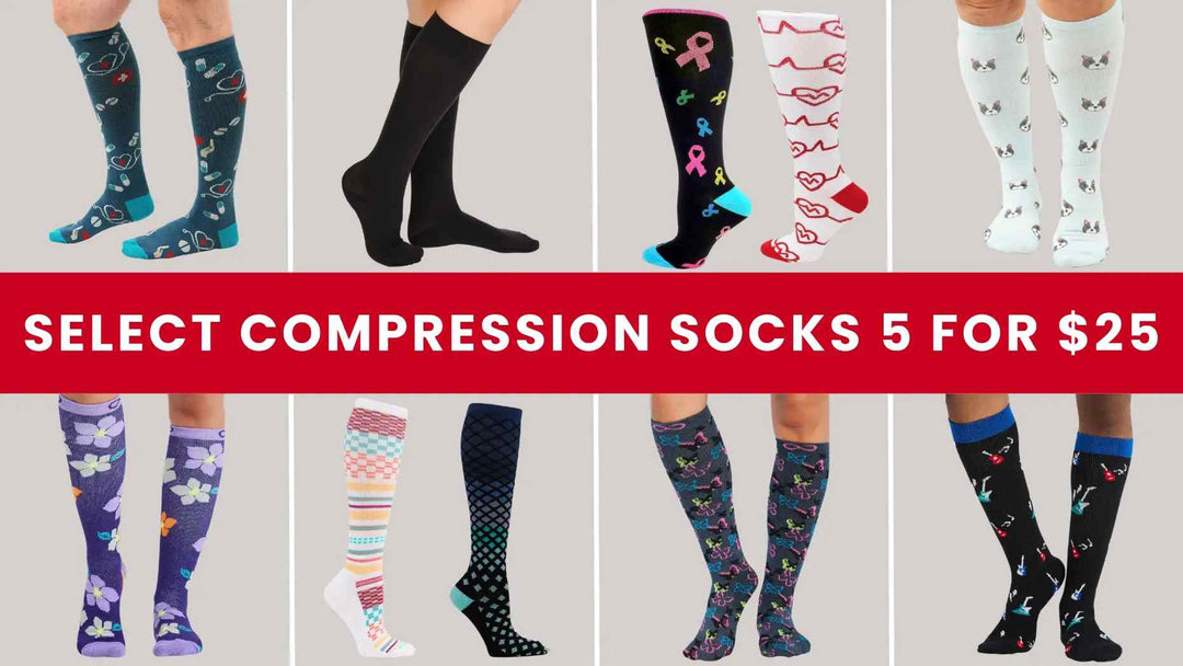 A look at some of the available compression socks offered at Scrub Pro Uniforms on a light grey background. Order 5 and pay only $25.