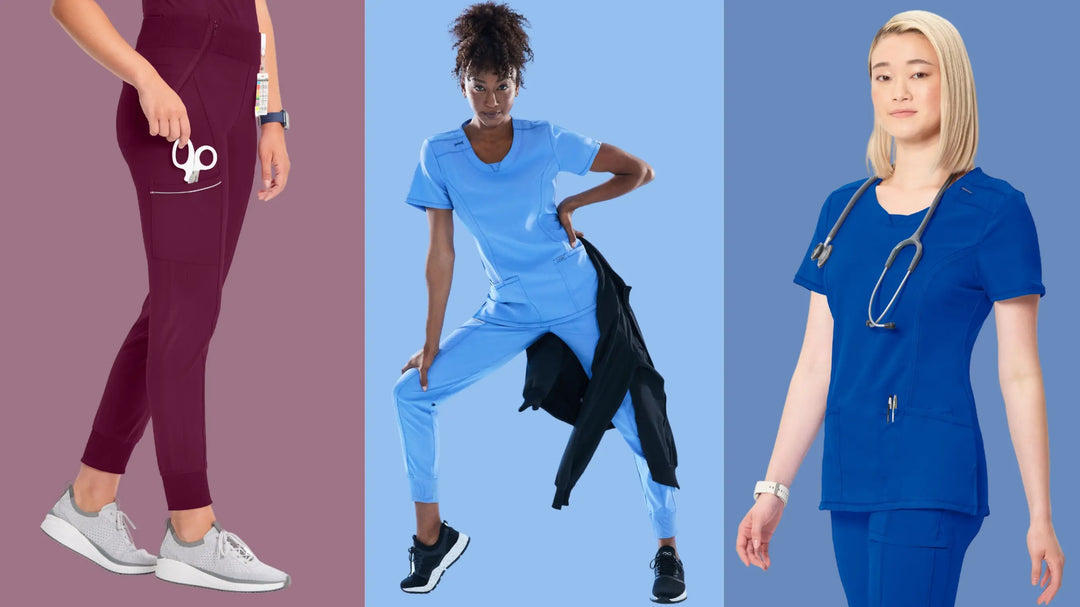 A collage of young female nurses wearing contemporary fit scrubs in wine, ceil blue and royal blue on a multi-colored background.