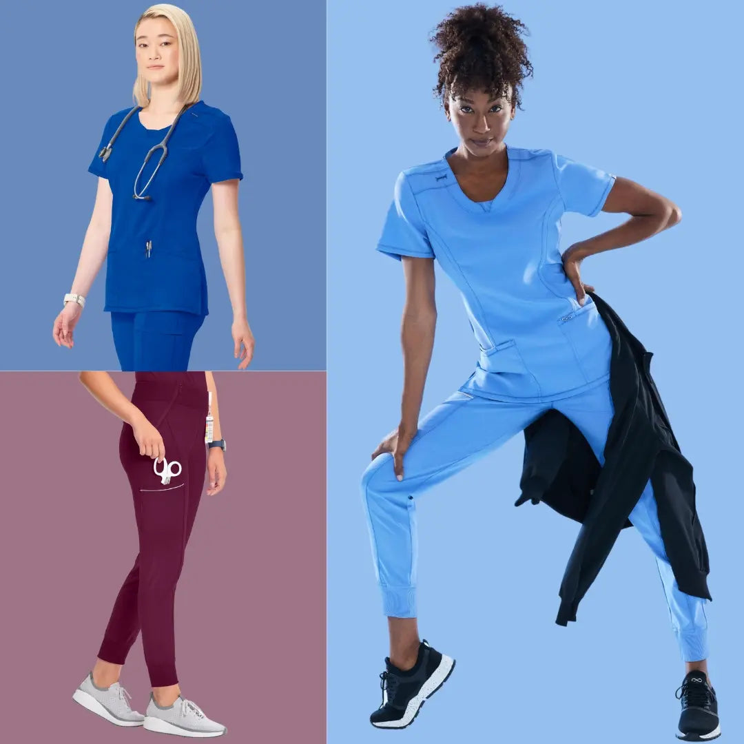 A collection of images featuring young female nurses wearing contemporary scrubs in ceil blue, royal blue and wine.