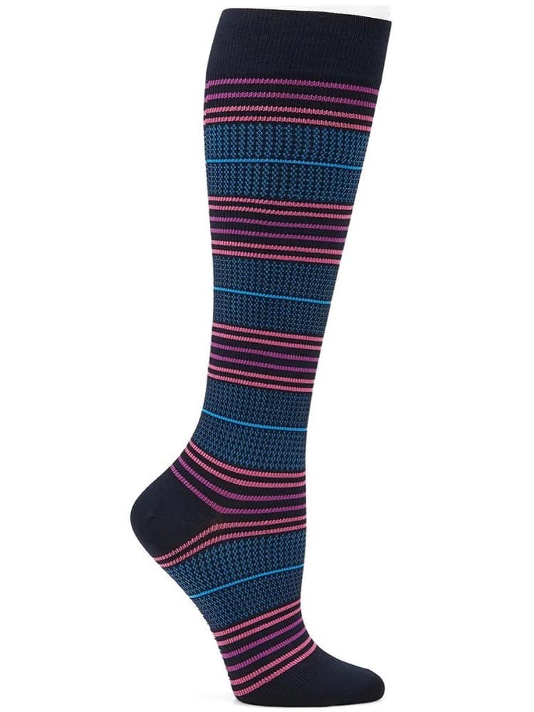 The NurseMates Women's Active Compression Socks in "Cool Stripes" featuring 15-20 mmHg Graduated Compression to help improve circulation and relieve leg fatigue.