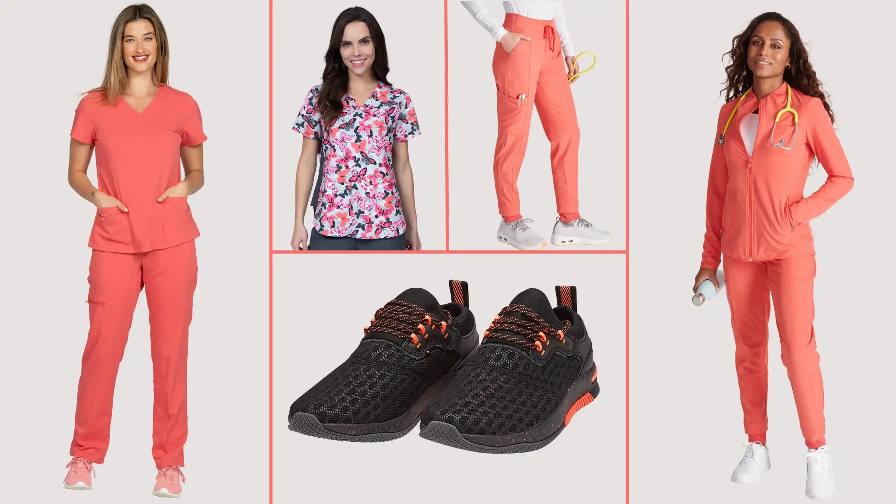 A collection of young female nurses showcasing Scrub Pro's collection of Coral colored scrubs and more on an off white background.