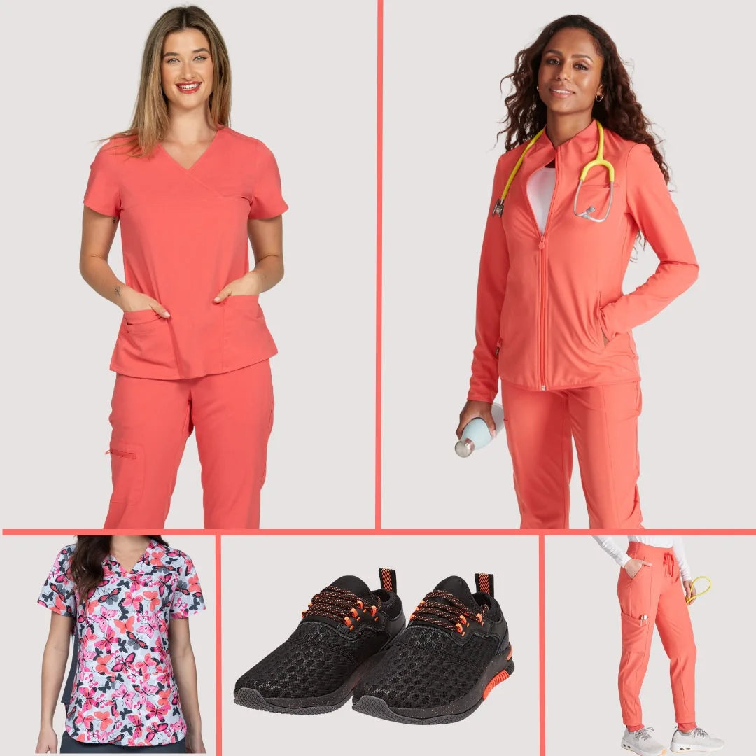 A collection of young female nurses showcasing Scrub Pro's collection of Coral colored scrubs and more on an off white background.