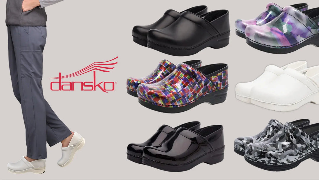 A collection of some of the available Dansko Medical Clog styles at Scrub Pro Uniforms on a light grey background.