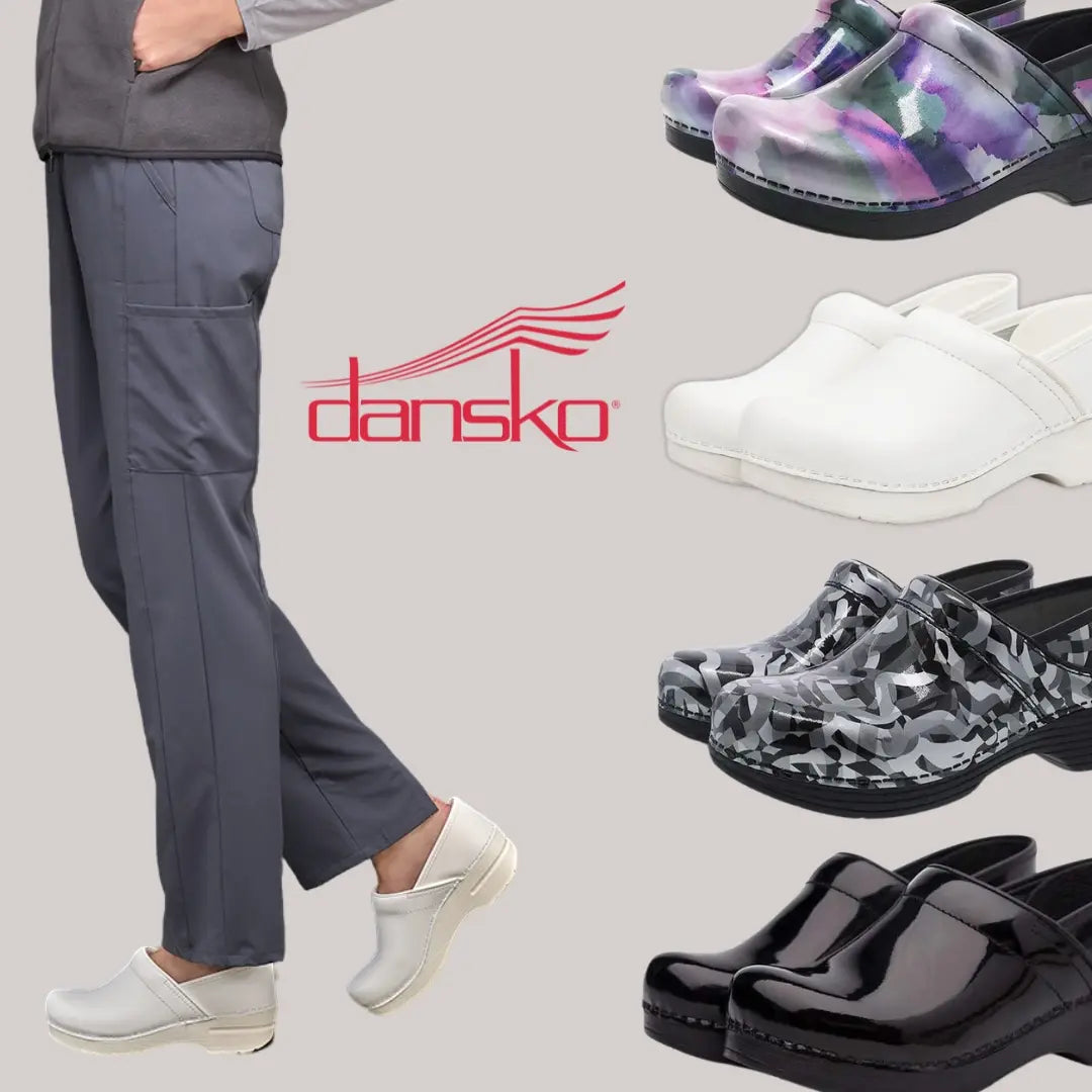 A look at some of the available styles at Scrub pro from Dansko Medical on a light grey background.