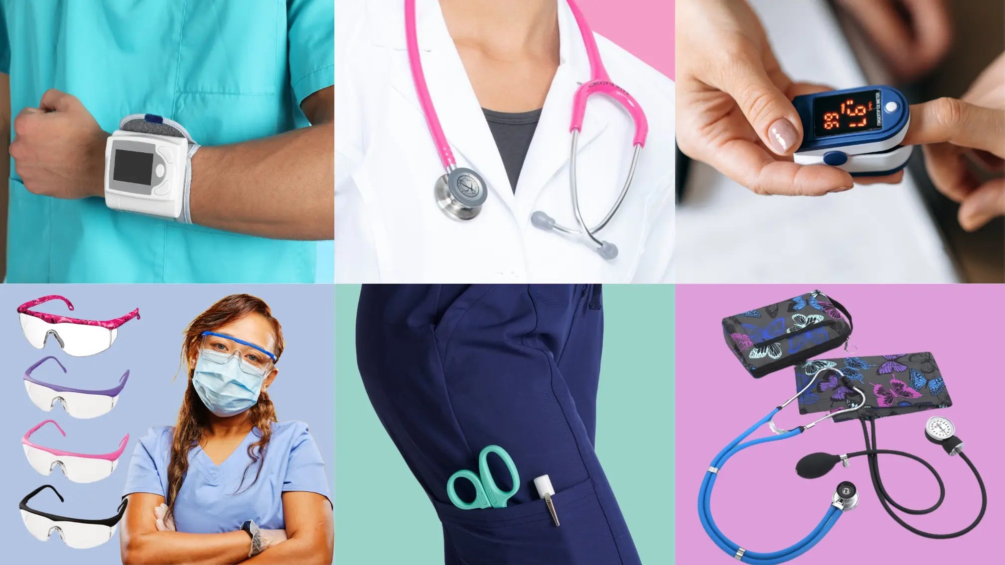 A variety of available medical devices at Scrub Pro Uniforms on multi-colored background.