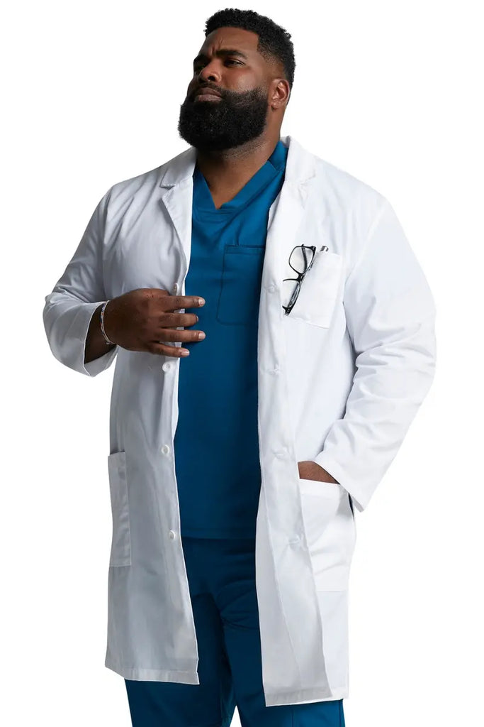 A young male Doctor wearing a Dickies EDS Signature 40" Lab Coat in White featuring a single chest pocket on the wearer's left side.
