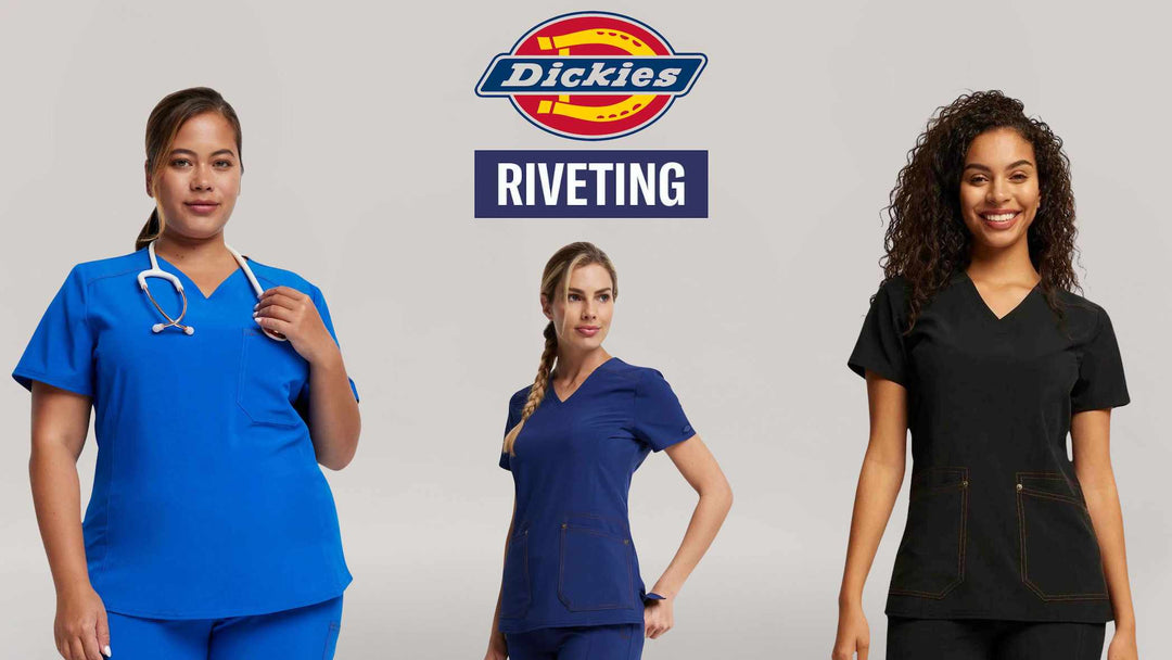 Three young female registered nurses showcasing some of the available styles in Scrub Pro's collection of Dickies Riveting.