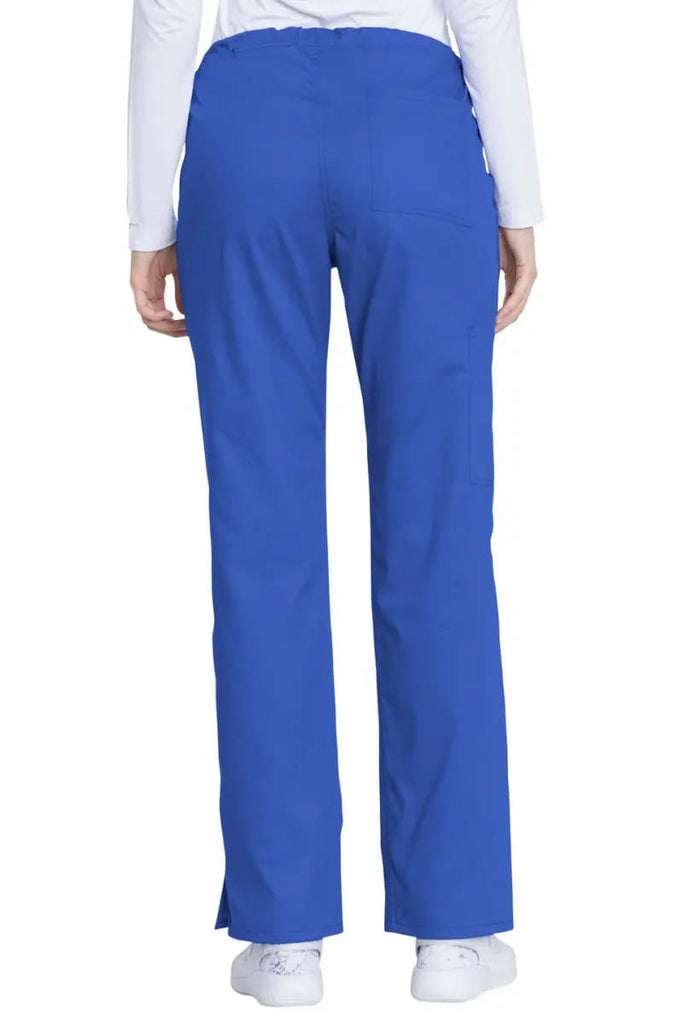 The back of the Dickies Industrial Women's Drawstring Scrub Pants in Royal Blue size a straight leg design with side slits for additional range of motion.