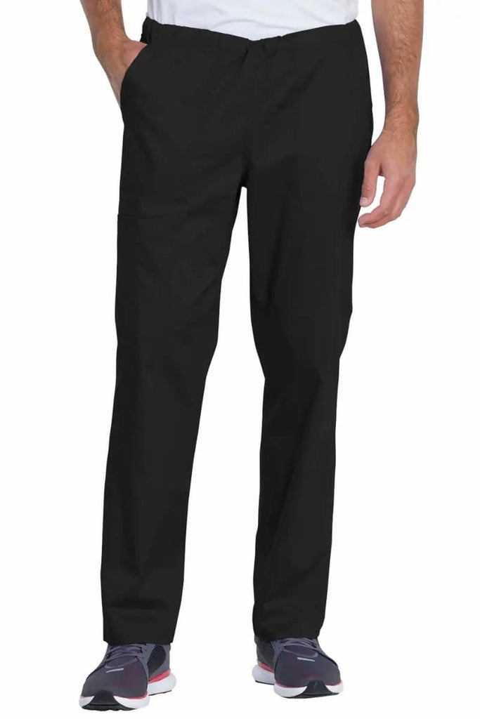 A young male Medical Assistant wearing a Dickies Industrial Unisex Mid Rise Scrub Pant in Black size 2XL featuring a resilient 80% polyester / 20% cotton twill blend.