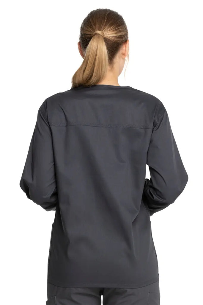 The back of the Dickies Industrial Unisex Warm-Up Scrub Jacket in Pewter size XXS featuring a center back length of 29".