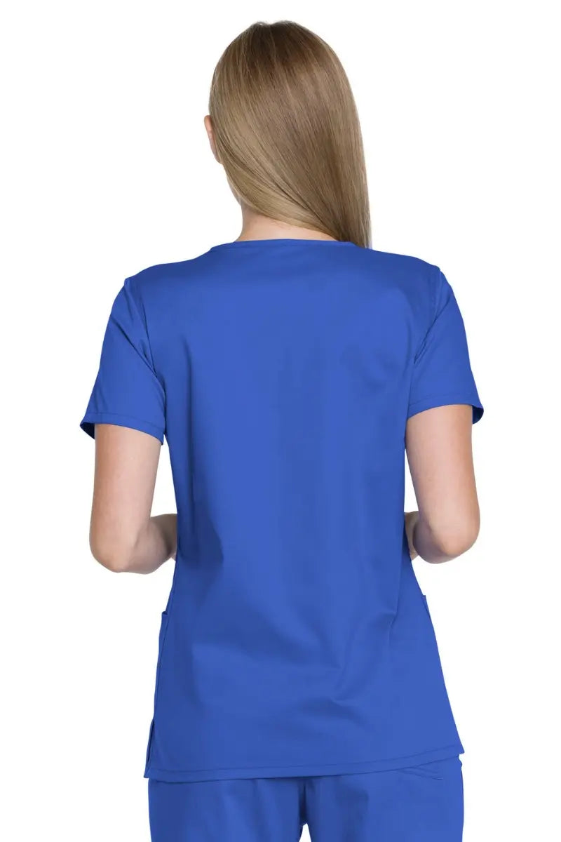 The back of the Dickies Industrial Women's V-Neck Scrub Top in ROyal Blue featuring a center back length of 26" for optimal coverage.