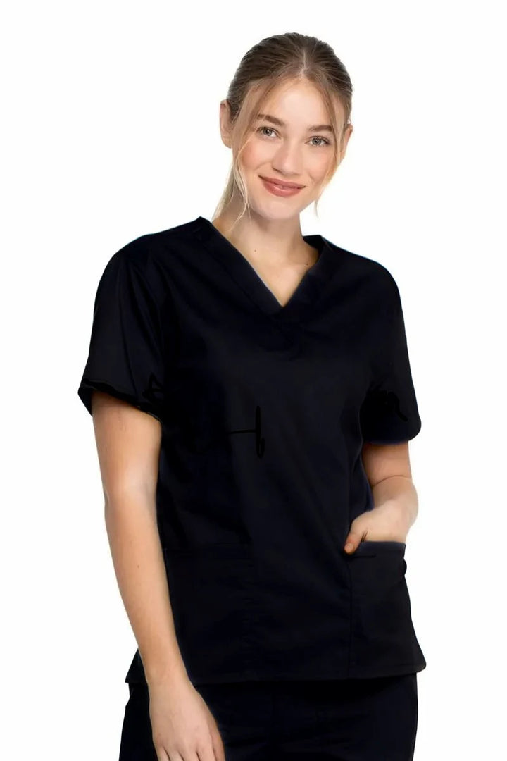 A young female Surgeon wearing a Dickies Industrial Unisex V-Neck Scrub Top in Black size XXS featuring short sleeves.