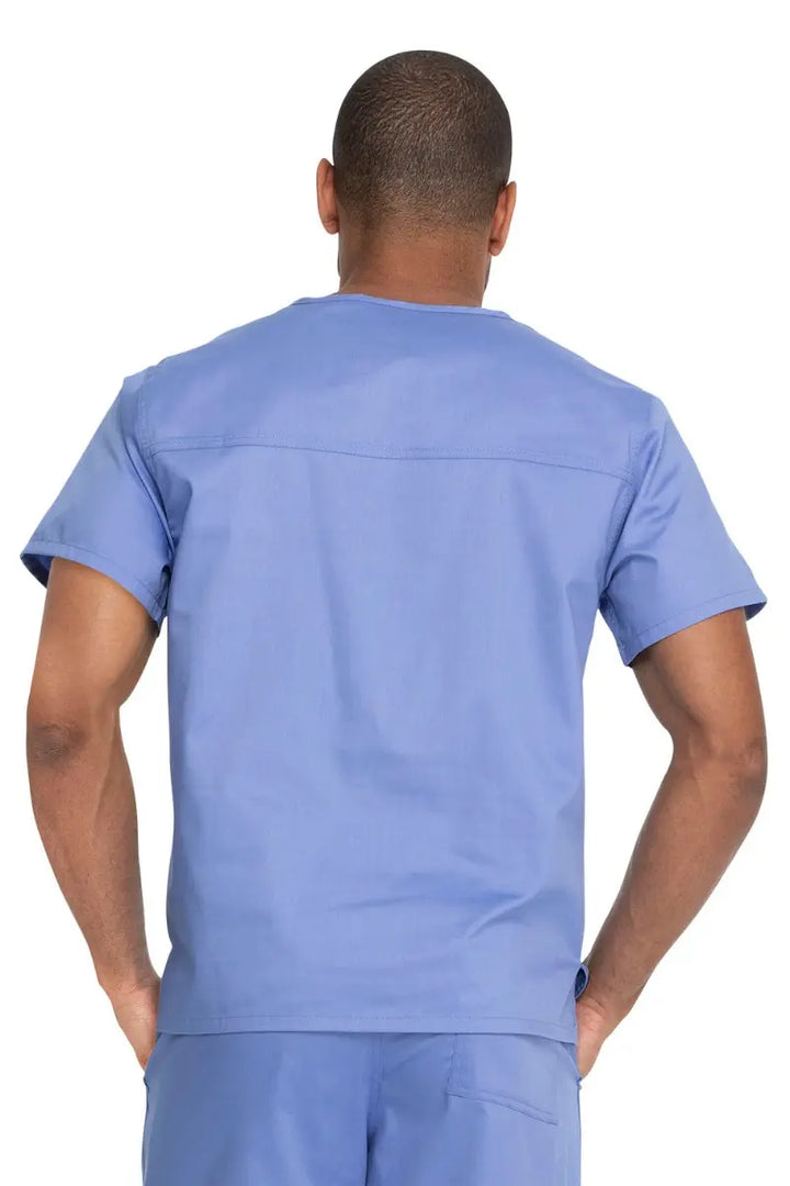 The back of the Dickies Industrial unisex V-Neck Scrub Top in Ceil Blue size 3XL featuring a center back length of 26.5" to ensure a professional look all day long.