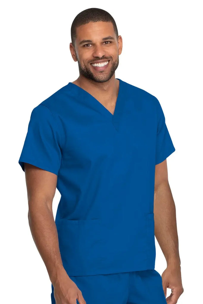 A male Physician wearing a Dickies Industrial Unisex V-Neck Scrub Top in Royal Blue size 4XL featuring reinforced seams at stress points to provide extra strength and prevent tearing.